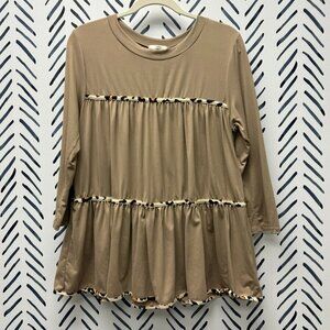 Entro Tan Loose Top With Leopard Print Banding & 3/4 Sleeves - S